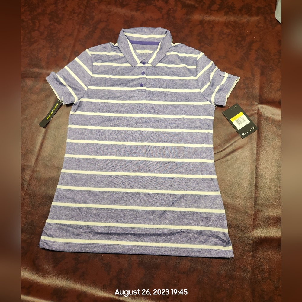 NWT Nike Dryfit Polo Golf Shirt Womens XS Purple White Stripes 100% Polyester